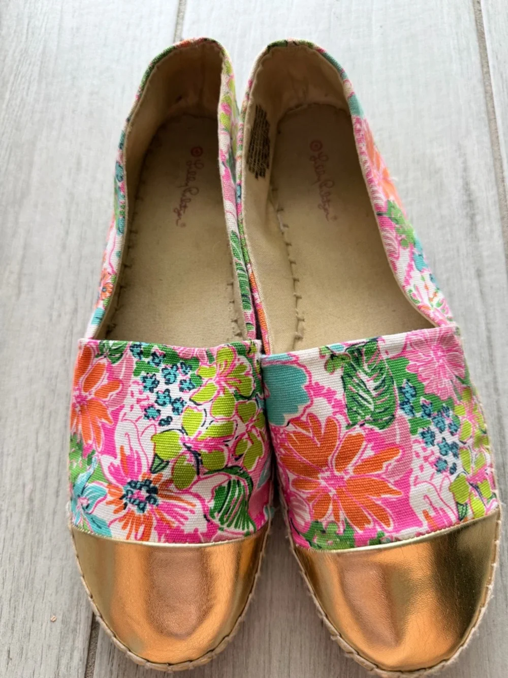 Lilly Pulitzer Floral Metallic Cap Toe Slip-On Flats Pink Gold Women’s Size 11 - Picture 1 of 4